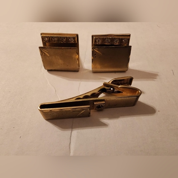 1970s square and rectangle vintage tie clip and cufflinks with rhinestones - Picture 2 of 4